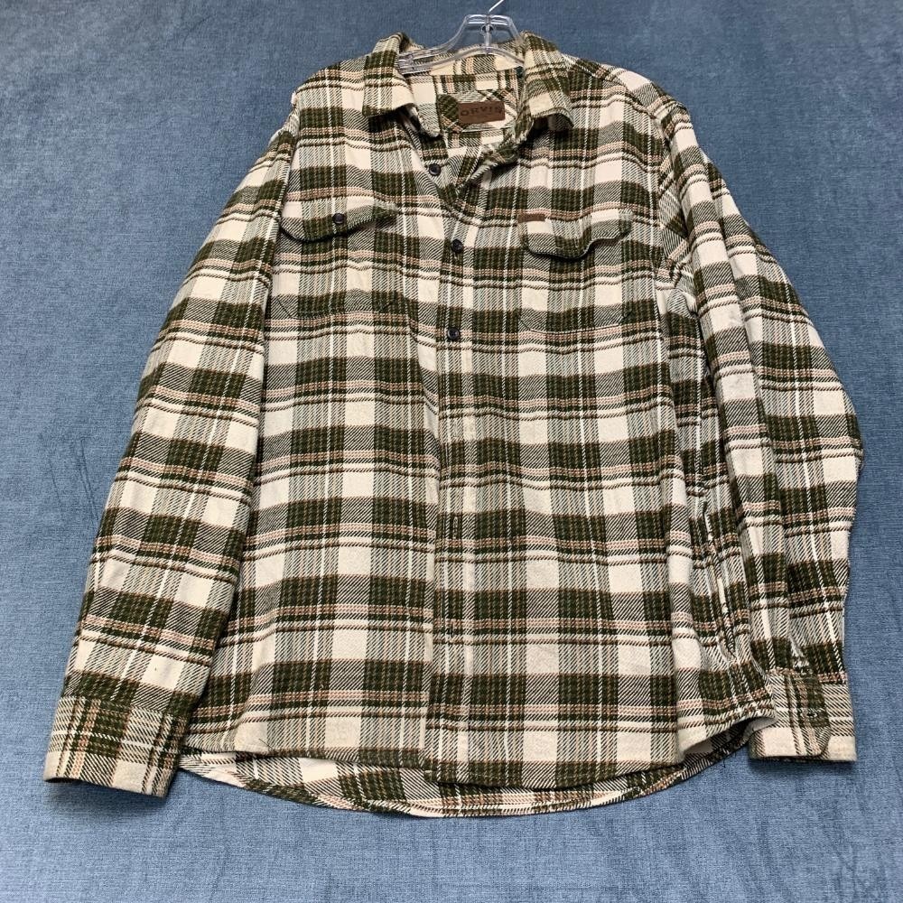 Orvis Flannel Shirt Mens Large Beige Green Plaid Cotton Pleated Casual Button Up